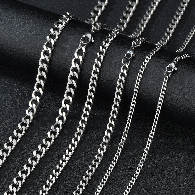 Punk Stainless Steel Curb Cuban Necklaces - Silver, Black & Gold Options - 3mm, 5mm, 7mm Widths. Chain Necklace for men. Chain necklaces for women. Badass skull accessories. Badass skull jewelry.
