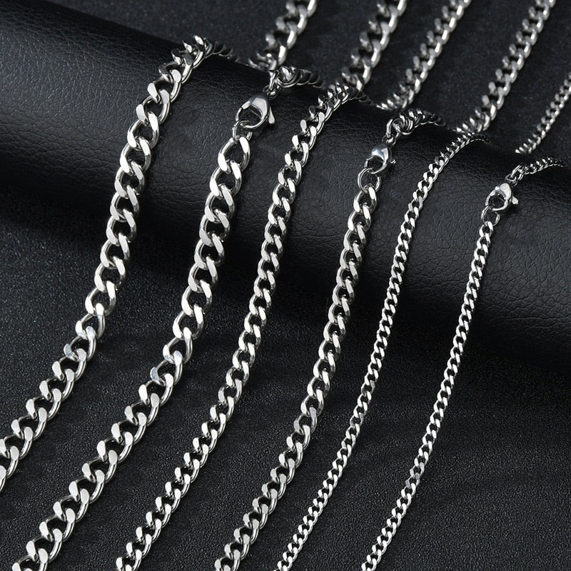 Punk Stainless Steel Curb Cuban Necklaces - Silver, Black & Gold Options - 3mm, 5mm, 7mm Widths. Chain Necklace for men. Chain necklaces for women. Badass skull accessories. Badass skull jewelry.