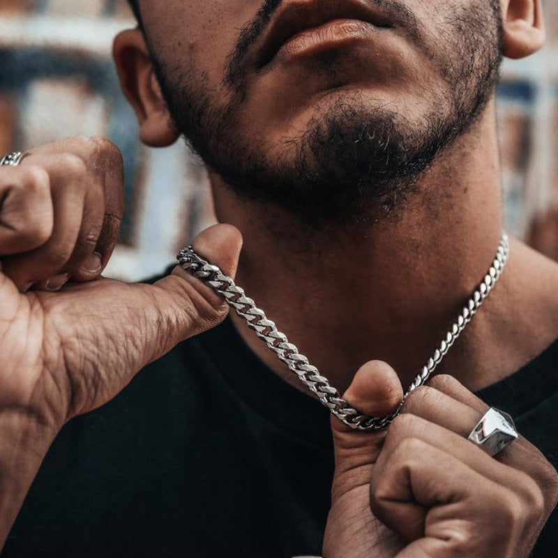 Punk Stainless Steel Curb Cuban Necklaces - Silver, Black & Gold Options - 3mm, 5mm, 7mm Widths. Chain Necklace for men. Chain necklaces for women. Badass skull accessories. Badass skull jewelry.