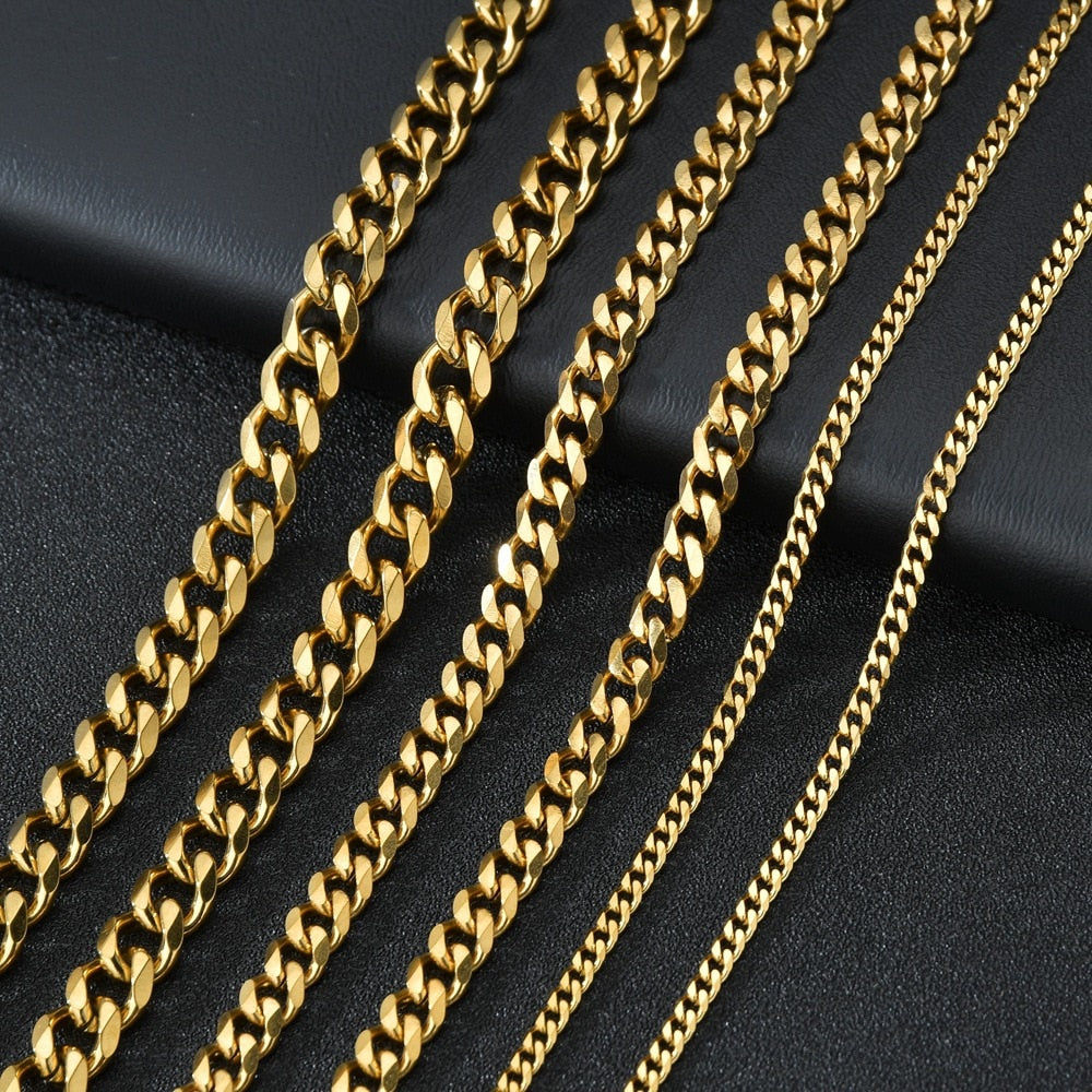 Punk Stainless Steel Curb Cuban Necklaces - Silver, Black & Gold Options - 3mm, 5mm, 7mm Widths. Chain Necklace for men. Chain necklaces for women. Badass skull accessories. Badass skull jewelry.
