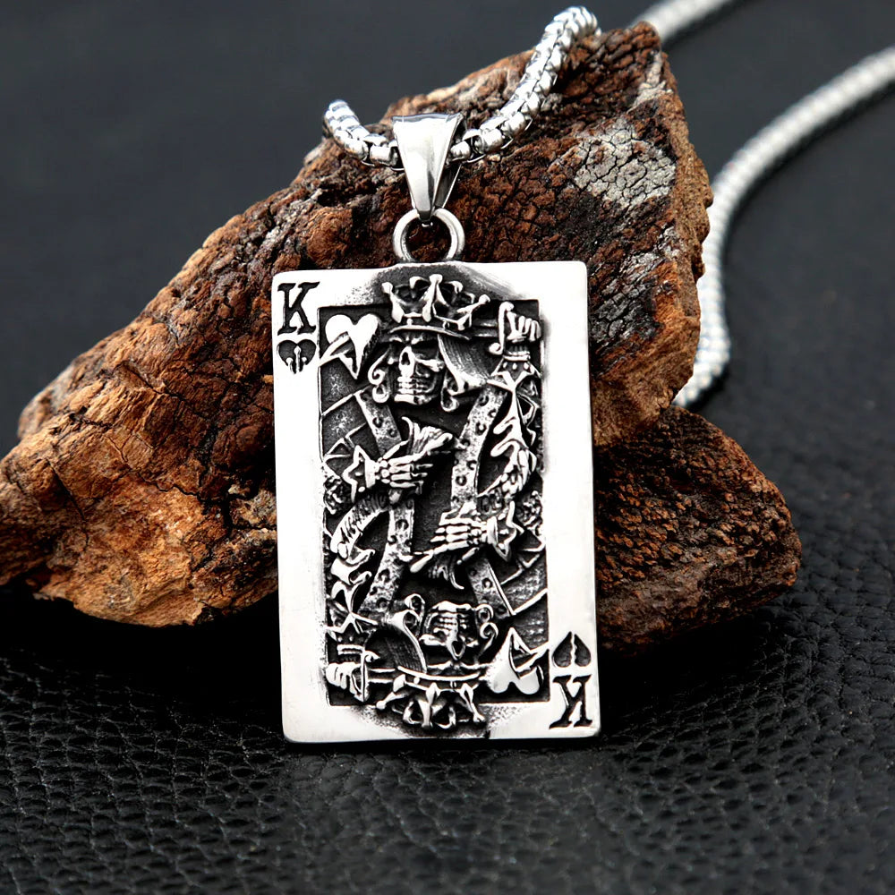 316L Stainless Steel Poker King Skull Pendant Necklace