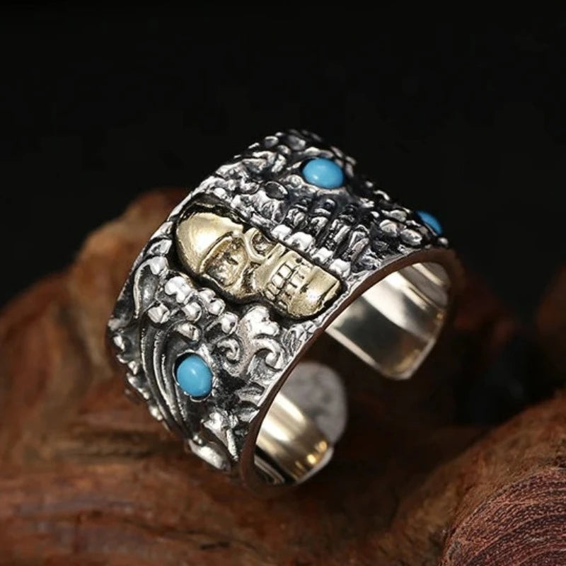 Adjustable Turquoise Skull Charm Sterling Silver Ring. Badass gifts for badass. Badass birthday gifts. Badass Christmas gifts for badasses. Badass skull accessories. Valentine gifts for him. Anniversary gift for him. Anniversary gift for my badass husband. Badass Birthday gift for my badass boyfriend. Badass Birthday gift for my badass husband.