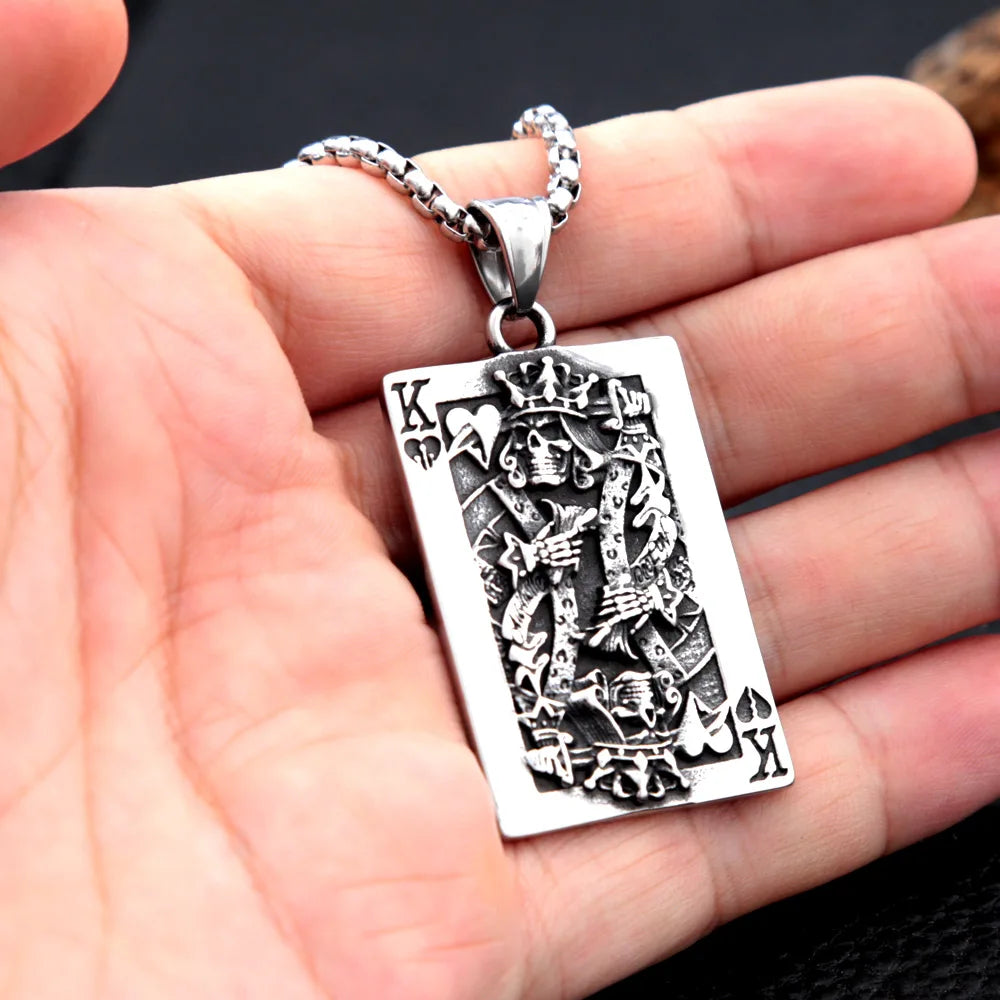 316L Stainless Steel Poker King Skull Pendant Necklace