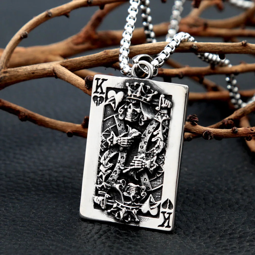 316L Stainless Steel Poker King Skull Pendant Necklace