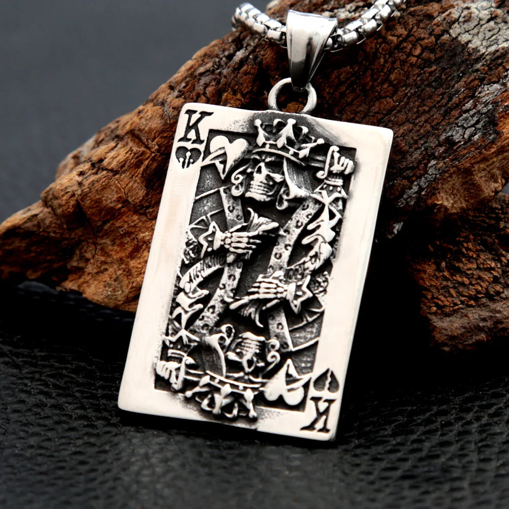316L Stainless Steel Poker King Skull Pendant Necklace
