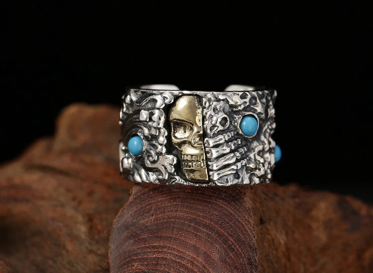 Adjustable Turquoise Skull Charm Sterling Silver Ring. Badass gifts for badass. Badass birthday gifts. Badass Christmas gifts for badasses. Badass skull accessories. Valentine gifts for him. Anniversary gift for him. Anniversary gift for my badass husband. Badass Birthday gift for my badass boyfriend. Badass Birthday gift for my badass husband.