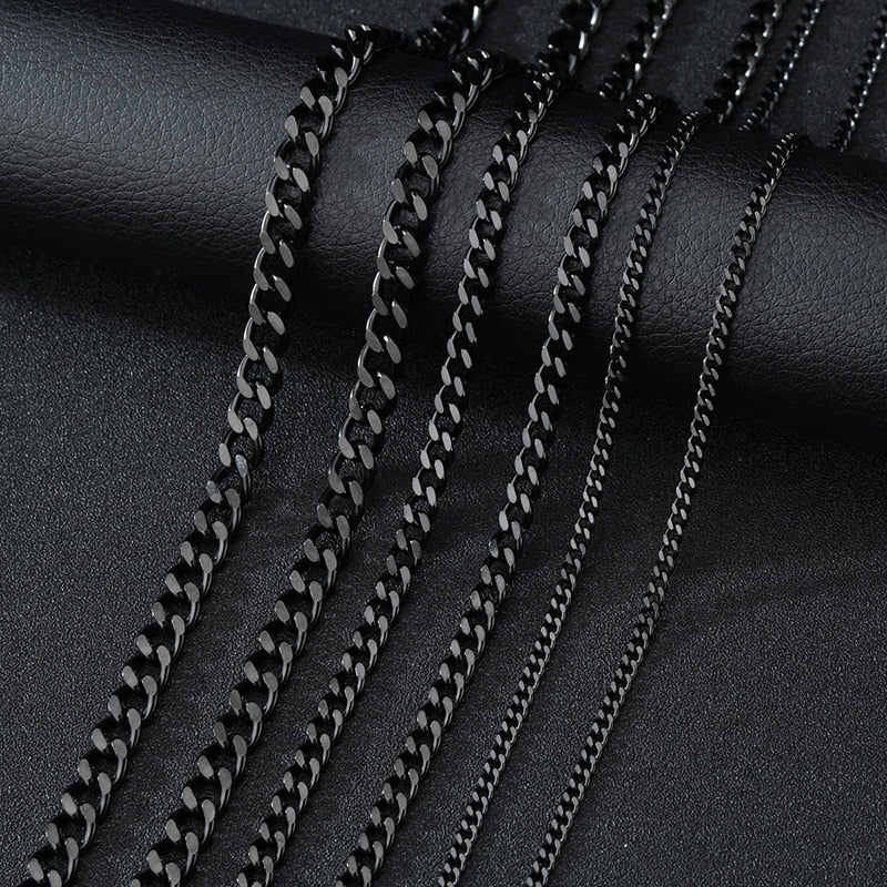 Punk Stainless Steel Curb Cuban Necklaces - Silver, Black & Gold Options - 3mm, 5mm, 7mm Widths. Chain Necklace for men. Chain necklaces for women. Badass skull accessories. Badass skull jewelry.