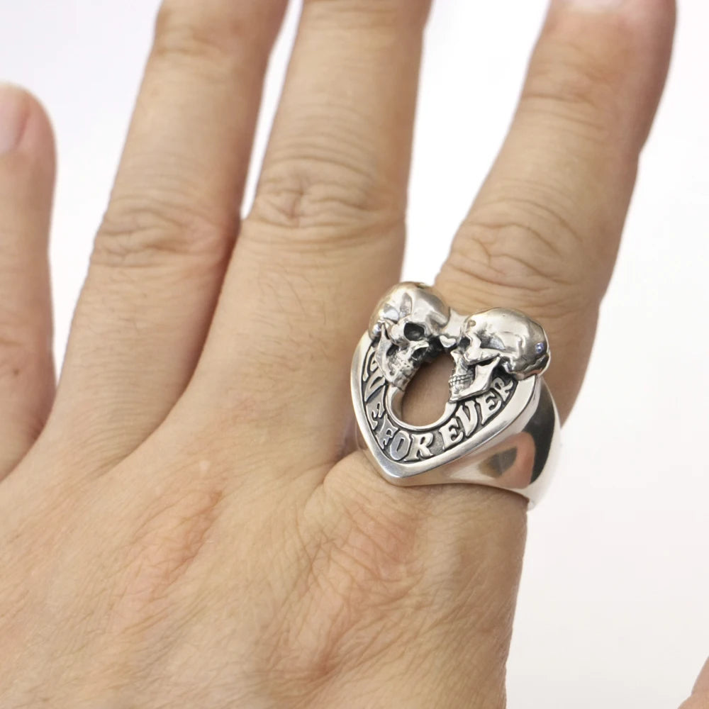 Love Forever Skulls Heart Ring 925 Sterling Silver for Men and Women. Badass gifts for her. Badass gothic birthday gifts. Unique Badass Christmas gifts for badasses. Badass biker skull earrings. Badass Biker skull jewelry. Badass skull jewelry. Badass skull accessories. Unique Valentine gifts for her. Unique Anniversary gift for her. Unique Anniversary gift for my badass husband. Unique Badass Birthday gift for my badass girlfriend. Badass Birthday gift for my badass wife.Unique Badass birthday gifts. Uniqu