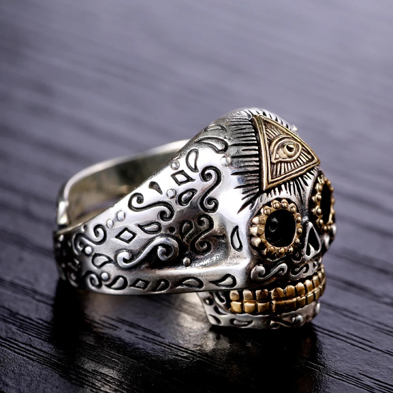 Resizable Vintage 925 Sterling Silver Eyes of God Skull Ring. Unique Badass birthday gifts. Unique Badass Biker Christmas gifts for badasses. Badass skull accessories. Unique Valentine gifts for him. Unique Anniversary gift for him. Unique Anniversary gift for my badass husband. Unique Badass Birthday gift for my badass boyfriend. Badass Birthday gift for my badass husband. Badass gift for bikers.