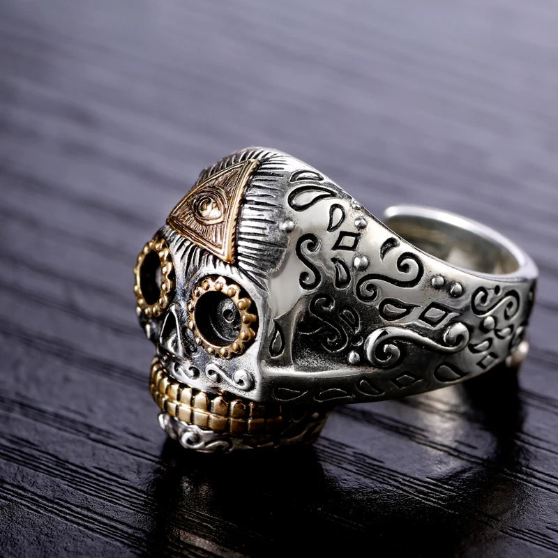 Resizable Vintage 925 Sterling Silver Eyes of God Skull Ring. Unique Badass birthday gifts. Unique Badass Biker Christmas gifts for badasses. Badass skull accessories. Unique Valentine gifts for him. Unique Anniversary gift for him. Unique Anniversary gift for my badass husband. Unique Badass Birthday gift for my badass boyfriend. Badass Birthday gift for my badass husband. Badass gift for bikers.