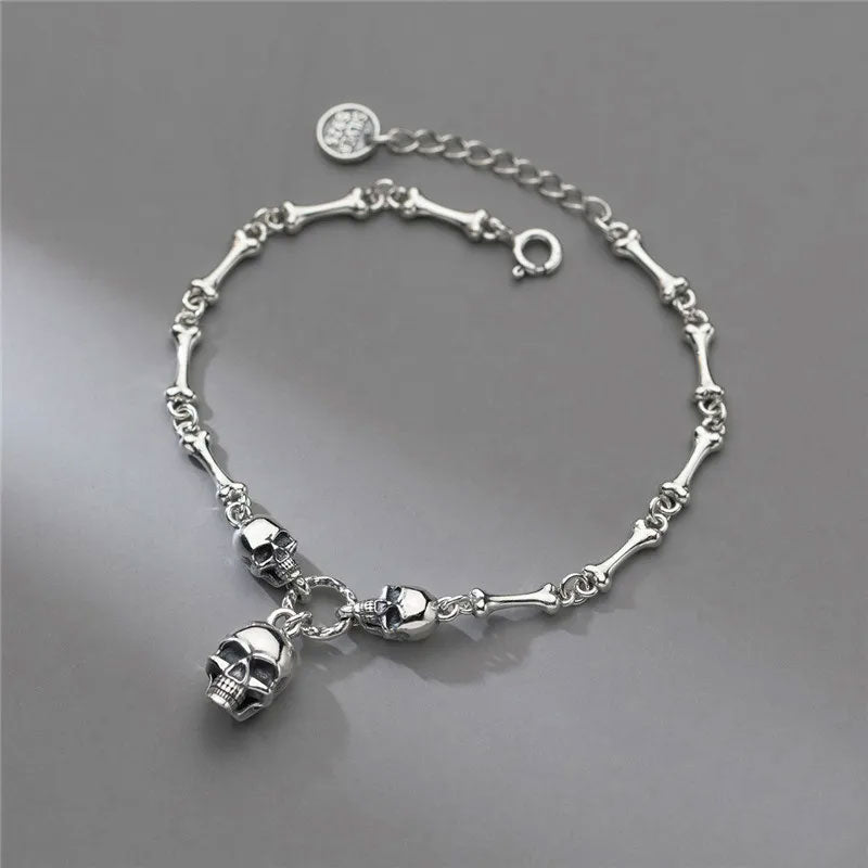 Retro Elegance: 925 Sterling Silver Women's Skull Bone Chain Bracelet