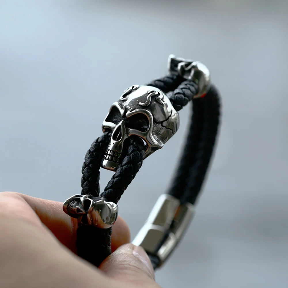 Retro Skull Bangle—Stainless Steel and Braided Leather Bracelet for Men. Unique Badass birthday gifts. Unique Badass Biker Christmas gifts for badasses. Badass skull accessories. Unique Valentine gifts for him. Unique Anniversary gift for him. Unique Anniversary gift for my badass husband. Unique Badass Birthday gift for my badass boyfriend. Badass Birthday gift for my badass husband. Badass gift for bikers.
