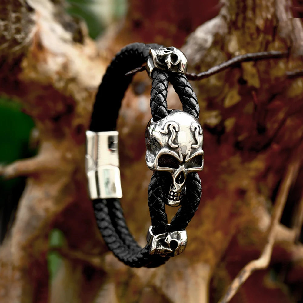 Retro Skull Bangle – Stainless Steel and Braided Leather Bracelet for Men. Unique Badass birthday gifts. Unique Badass Biker Christmas gifts for badasses. Badass skull accessories. Unique Valentine gifts for him. Unique Anniversary gift for him. Unique Anniversary gift for my badass husband. Unique Badass Birthday gift for my badass boyfriend. Badass Birthday gift for my badass husband. Badass gift for bikers.