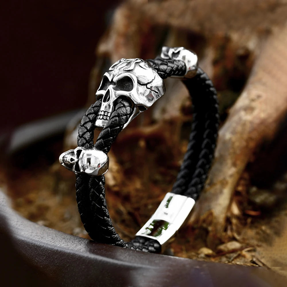 Retro Skull Bangle – Stainless Steel and Braided Leather Bracelet for Men. Unique Badass birthday gifts. Unique Badass Biker Christmas gifts for badasses. Badass skull accessories. Unique Valentine gifts for him. Unique Anniversary gift for him. Unique Anniversary gift for my badass husband. Unique Badass Birthday gift for my badass boyfriend. Badass Birthday gift for my badass husband. Badass gift for bikers.