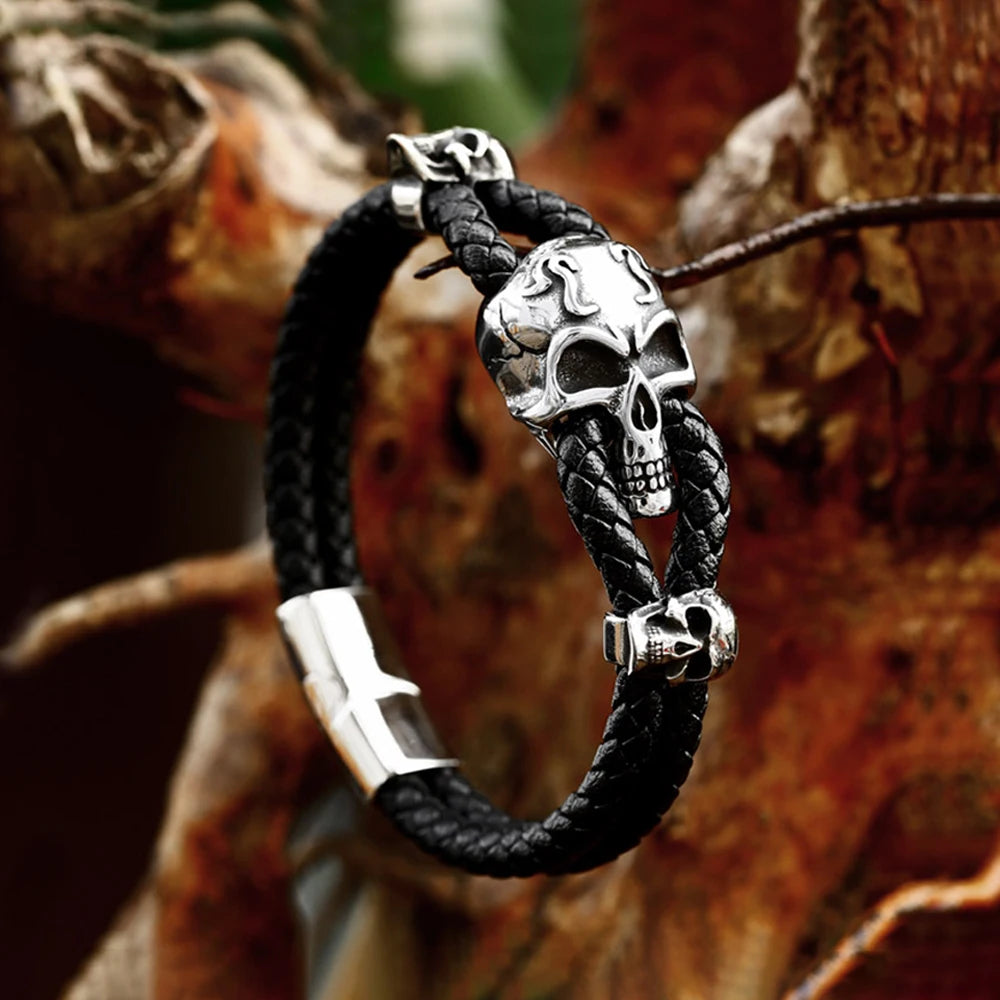 Retro Skull Bangle – Stainless Steel and Braided Leather Bracelet for Men. Unique Badass birthday gifts. Unique Badass Biker Christmas gifts for badasses. Badass skull accessories. Unique Valentine gifts for him. Unique Anniversary gift for him. Unique Anniversary gift for my badass husband. Unique Badass Birthday gift for my badass boyfriend. Badass Birthday gift for my badass husband. Badass gift for bikers.