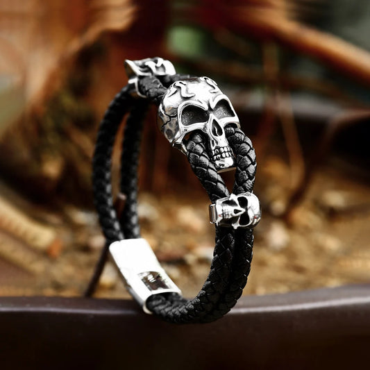 Retro Skull Bangle – Stainless Steel and Braided Leather Bracelet for Men. Unique Badass birthday gifts. Unique Badass Biker Christmas gifts for badasses. Badass skull accessories. Unique Valentine gifts for him. Unique Anniversary gift for him. Unique Anniversary gift for my badass husband. Unique Badass Birthday gift for my badass boyfriend. Badass Birthday gift for my badass husband. Badass gift for bikers.
