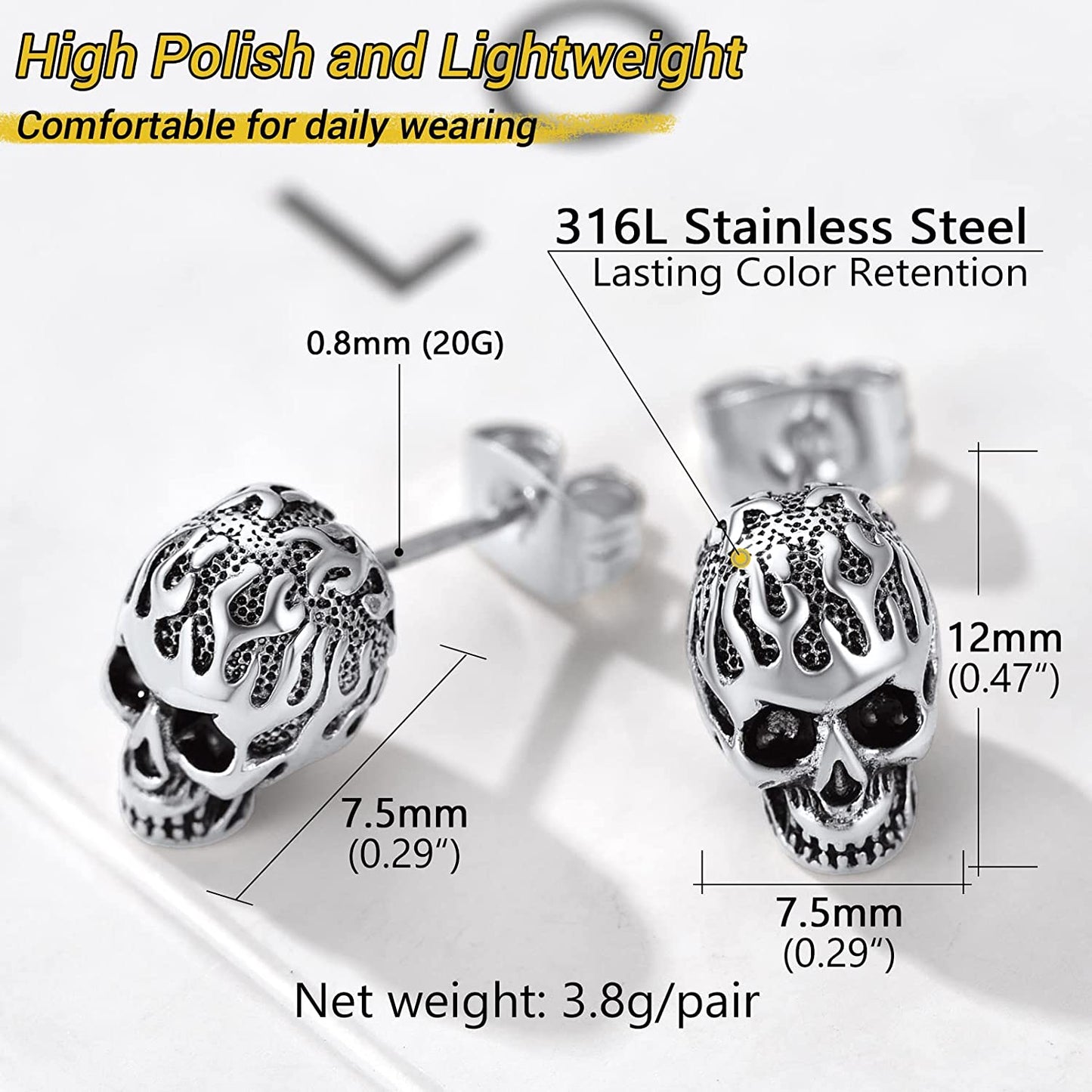 Skull Stud Earrings - Vintage Gothic Stainless Steel Grunge Punk Jewelry for Men and Women
