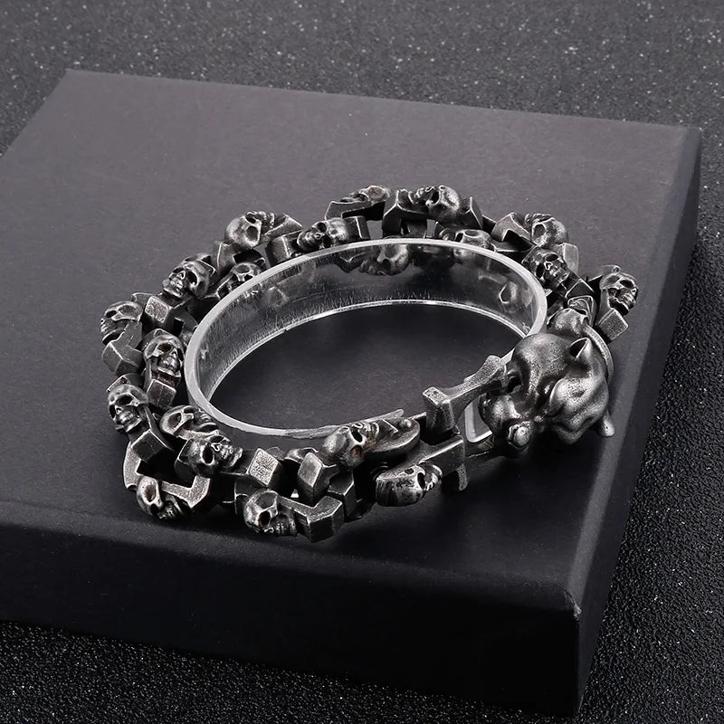 Gothic Ghost Matte Steel Bracelet with Bull Dog Accent. Badass bracelet for men. Cool gift for cool man. Badass gift for bikers. Badass jewelry. Badass biker skull jewelry. Badass skulll accessories. Badass gift for badass. Badass skull accessories. Badass skull jewelry. Christmas gift for badass. Christmas gift for bikers. Christmas gifts for tattoo artists.