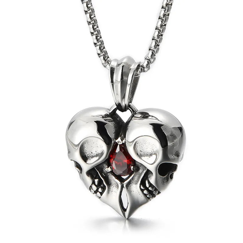 316L Stainless Steel Love Heart Skull Red Gemstone Pendant Necklace. Badass skull pendant for men. Badass gifts for badass. Badass birthday gifts. Badass Christmas gifts for badasses. Badass biker skull pendant necklace. Badass sbiker skull jewelry. Badass skull jewelry. Badass skull accessories.