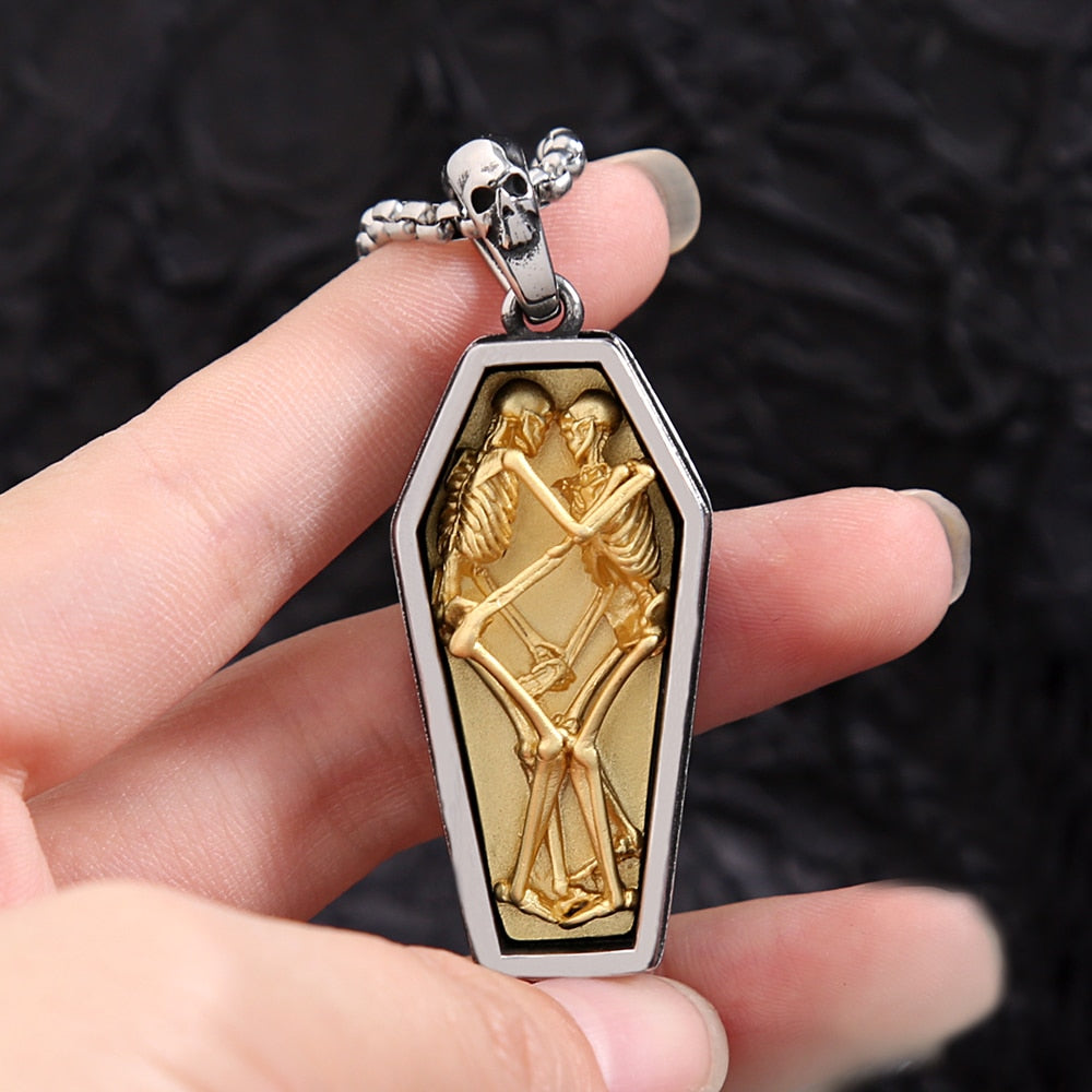 Stainless Steel Vintage Double Skull Coffin Pendant Necklace. Skull Coffin Necklace for women. Skull Coffin Necklace for Men. Badass coffin pendant necklace. Badass skull pendant. Badass skull jewelry. Badass skull accessories.