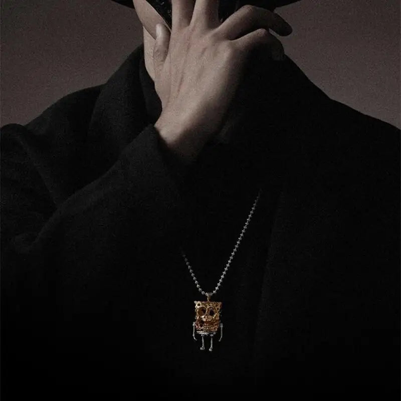 Vintage Gold Skull Pendant Necklace – Unisex Punk Sweater Chain for Couples