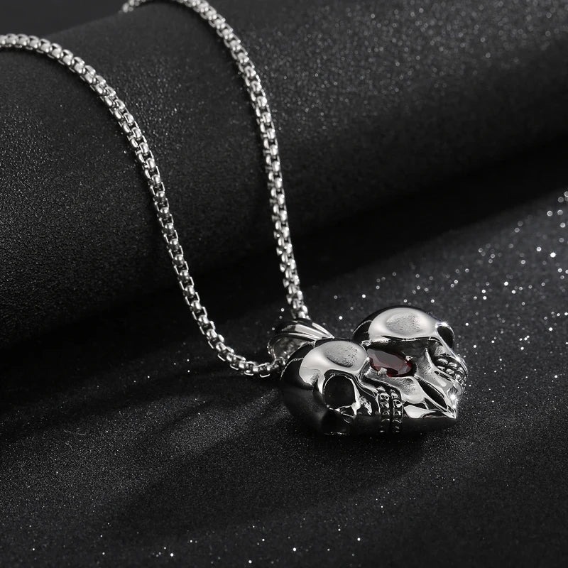 316L Stainless Steel Love Heart Skull Red Gemstone Pendant Necklace. Badass skull pendant for men. Badass gifts for badass. Badass birthday gifts. Badass Christmas gifts for badasses. Badass biker skull pendant necklace. Badass sbiker skull jewelry. Badass skull jewelry. Badass skull accessories.