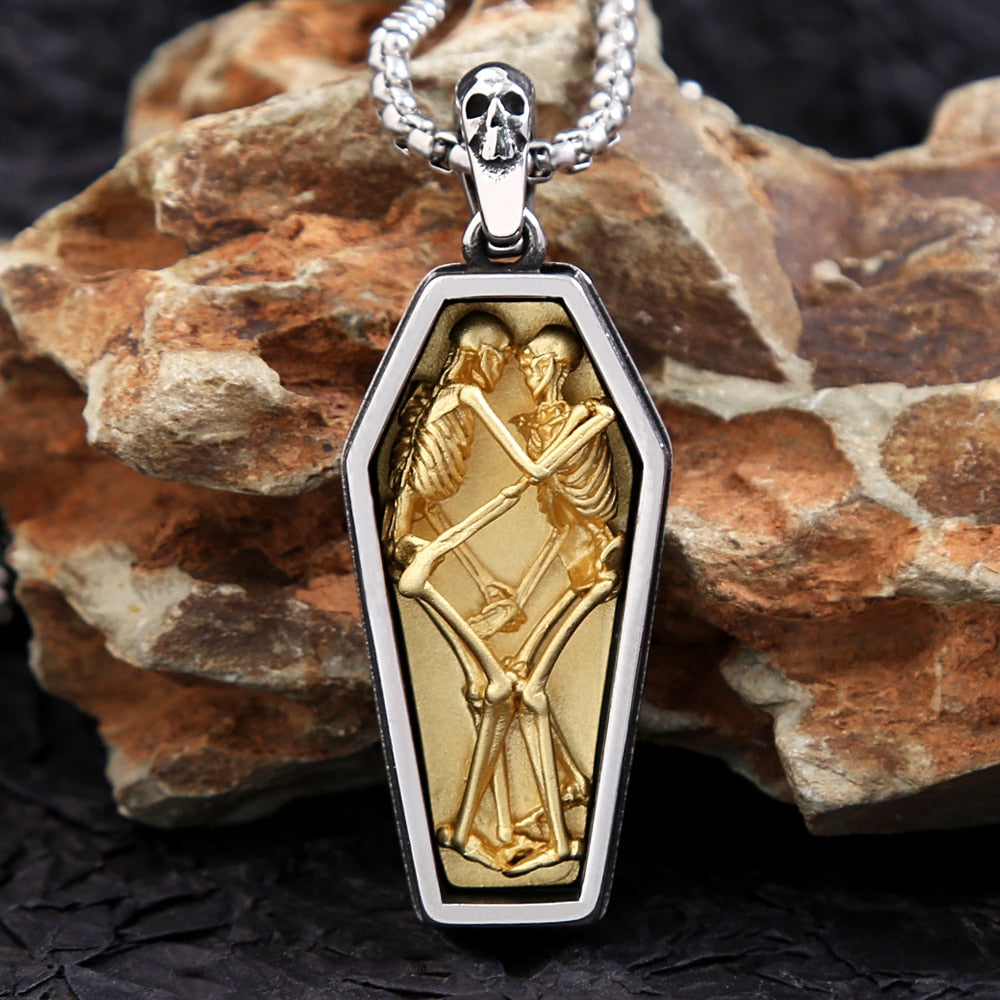 Stainless Steel Vintage Double Skull Coffin Pendant Necklace. Skull Coffin Necklace for women. Skull Coffin Necklace for Men. Badass coffin pendant necklace. Badass skull pendant. Badass skull jewelry. Badass skull accessories.