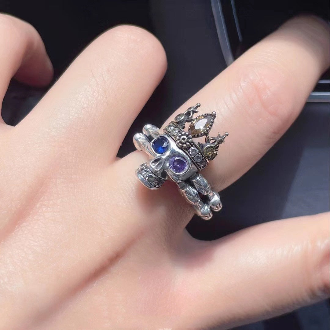 Vintage Gothic Blue Purple Zircon Crown Skull Ring. unique gothic skull ring for women. Badass skull rings. Badass skull jewelry. Badass skull accessories.