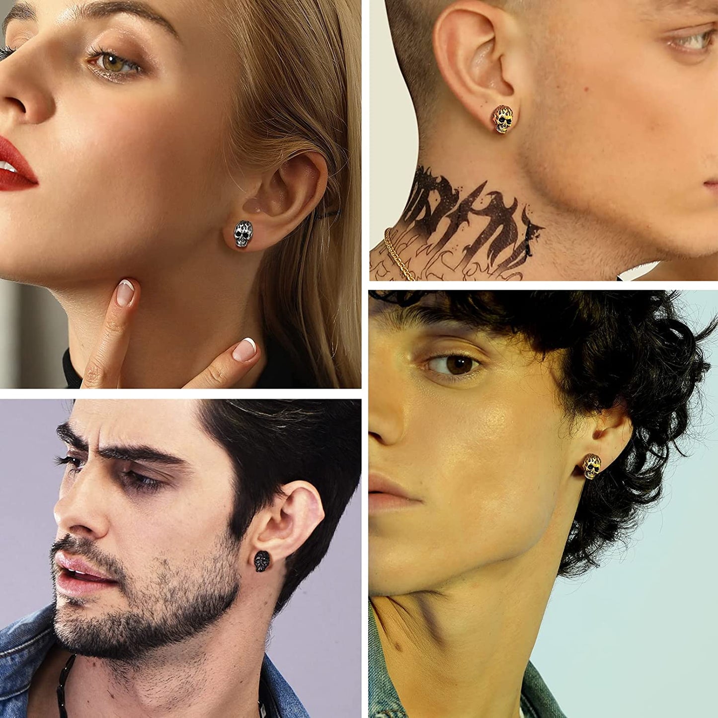 Skull Stud Earrings - Vintage Gothic Stainless Steel Grunge Punk Jewelry for Men and Women