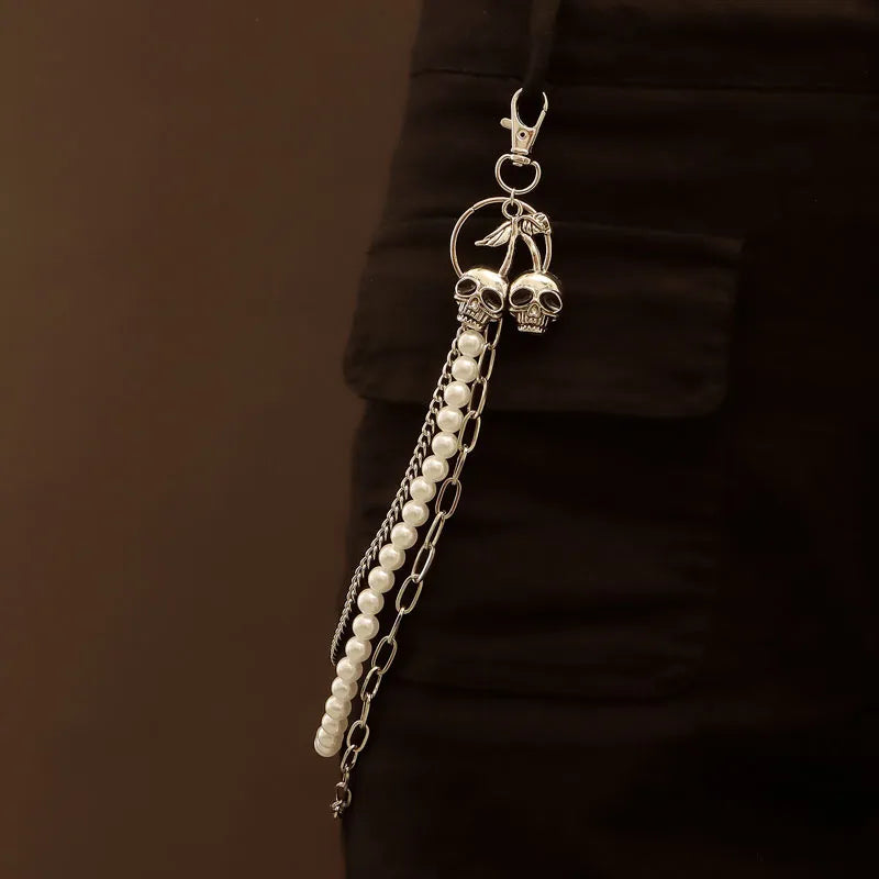 Punk Waist Pants Chain with Skull Keychain - Multilayer Pearl