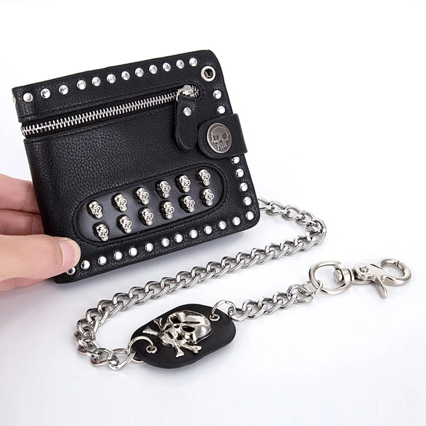 Retro Skull Rivets Men‘s PU Leather Wallet Punk Metal Chain Wallet Zip