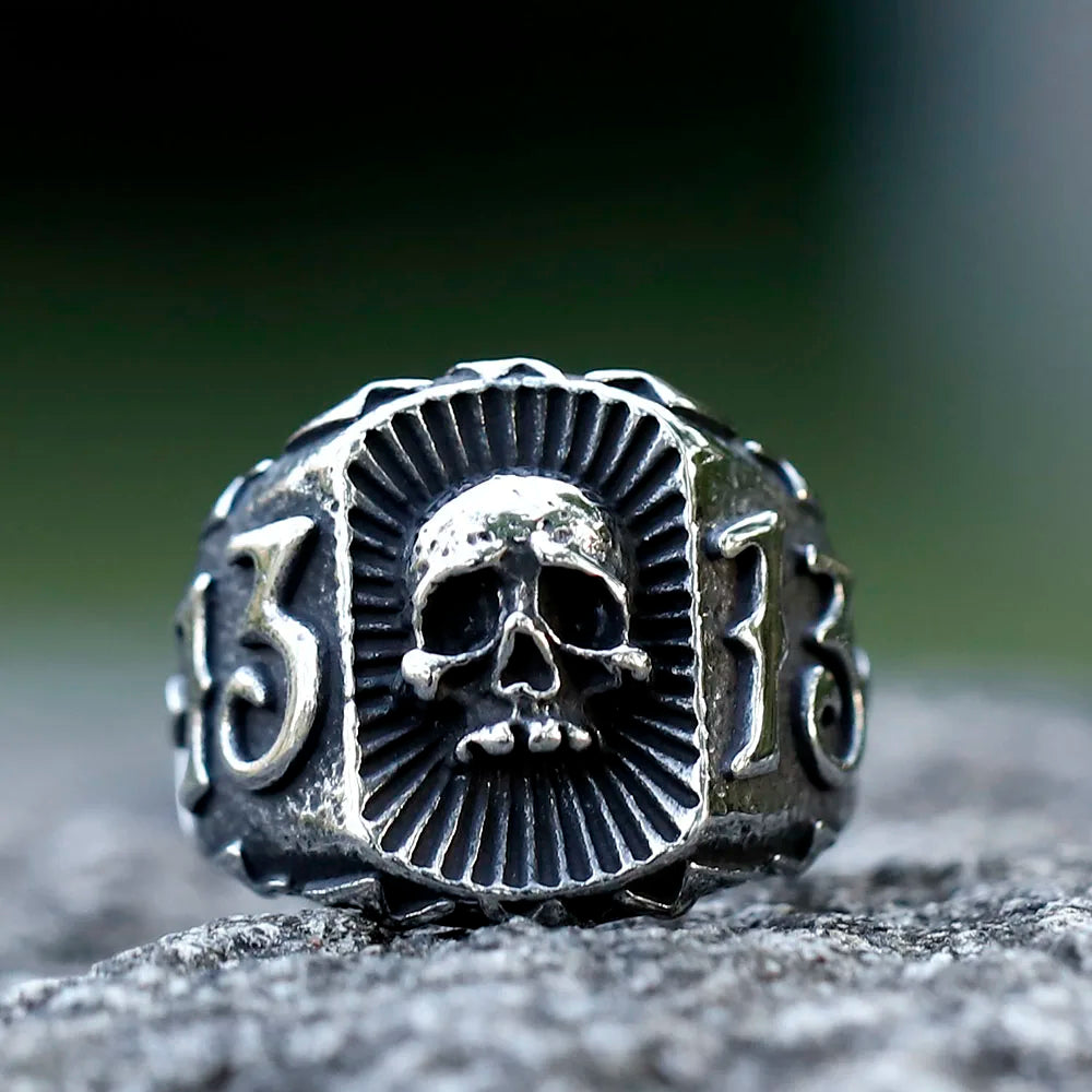 Lucky 13 Calvarium Skull Stainless Steel Men's Ring. Badass gifts for badass. Badass birthday gifts. Badass Christmas gifts for badasses. Badass skull accessories. Valentine gifts for him. Anniversary gift for him. Anniversary gift for my badass husband. Badass Birthday gift for my badass boyfriend. Badass Birthday gift for my badass husband.