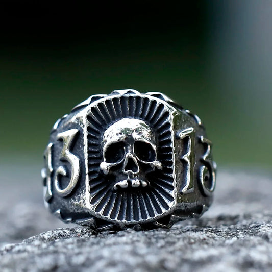 Lucky 13 Calvarium Skull Stainless Steel Men's Ring. Badass gifts for badass. Badass birthday gifts. Badass Christmas gifts for badasses. Badass skull accessories. Valentine gifts for him. Anniversary gift for him. Anniversary gift for my badass husband. Badass Birthday gift for my badass boyfriend. Badass Birthday gift for my badass husband.