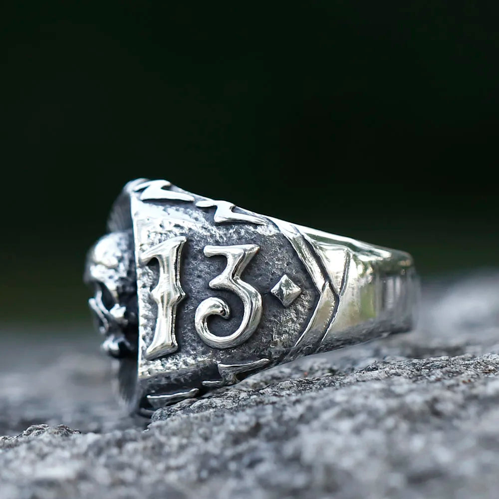 Lucky 13 Calvarium Skull Stainless Steel Men's Ring. Badass gifts for badass. Badass birthday gifts. Badass Christmas gifts for badasses. Badass skull accessories. Valentine gifts for him. Anniversary gift for him. Anniversary gift for my badass husband. Badass Birthday gift for my badass boyfriend. Badass Birthday gift for my badass husband.
