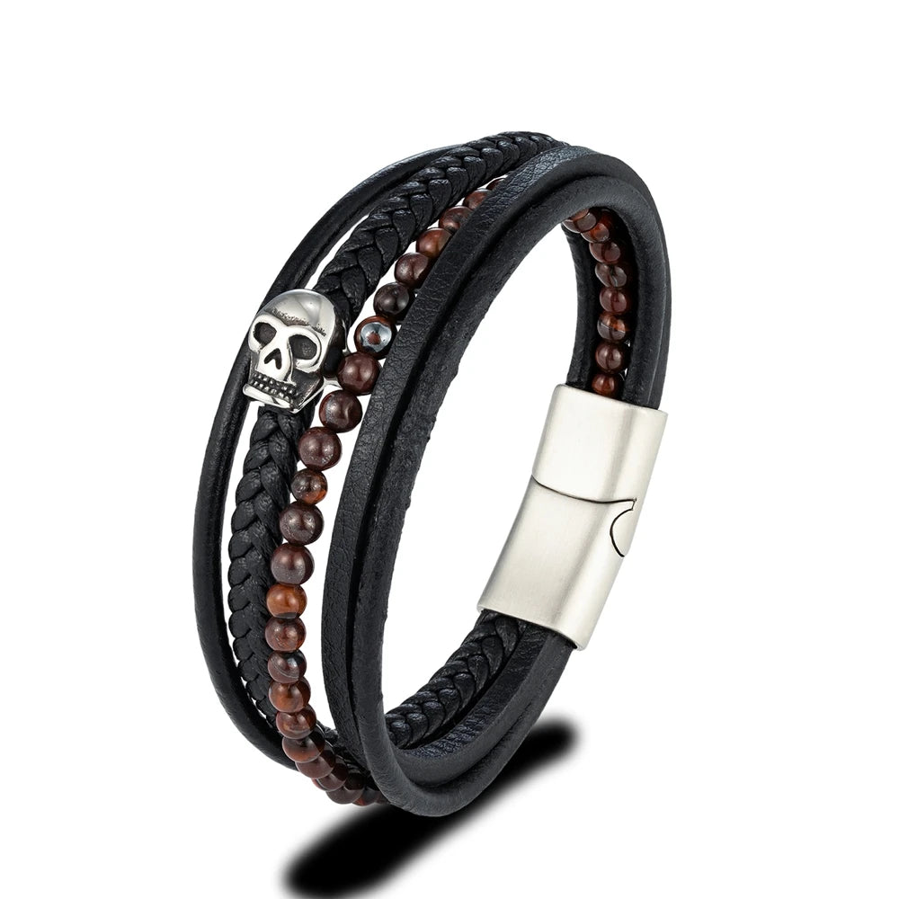 Retro Punk Lava Beaded Skull Leather Bracelet for Men. Badass birthday gifts. Badass Christmas gifts for badasses. Badass skull accessories. Valentine gifts for him and her. Anniversary gift for him and her. Anniversary gift for my badass husband and wife. Badass Birthday gift for my badass boyfriend and girlfriend. Badass Birthday gift for my badass husband and wife. Coolest gift for dad.