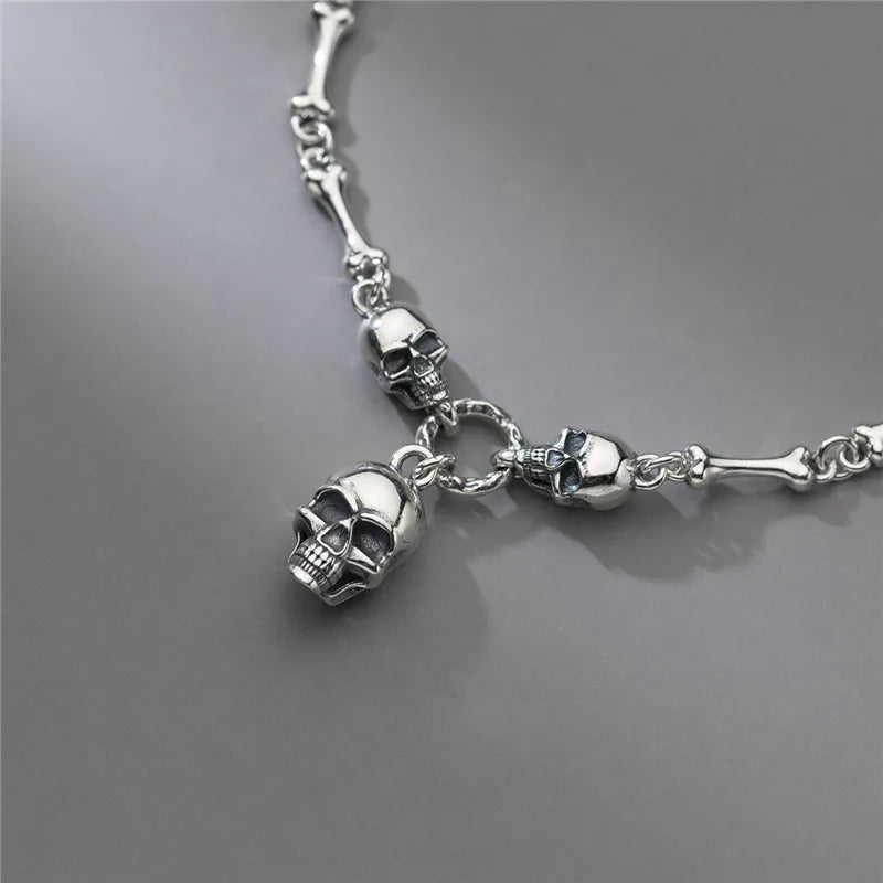 Retro Elegance: 925 Sterling Silver Women's Skull Bone Chain Bracelet