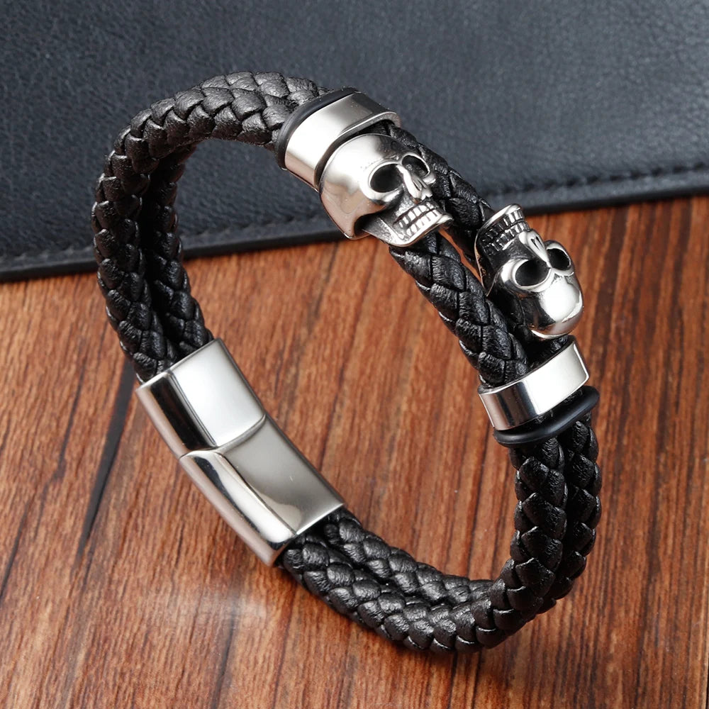 Multi-Layer Punk Stainless Steel Charm Leather Bracelet - Men's Magnetic Skull Bangle. Badass gifts for badass. Badass birthday gifts. Badass Christmas gifts for badasses. Badass skull accessories. Valentine gifts for him. Anniversary gift for him. Anniversary gift for my badass husband. Badass Birthday gift for my badass boyfriend. Badass Birthday gift for my badass husband.