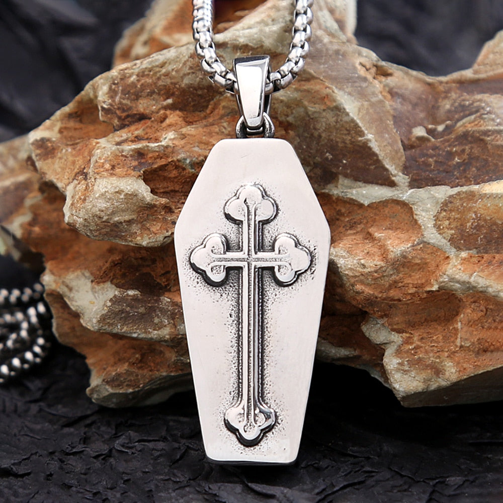 Stainless Steel Vintage Double Skull Coffin Pendant Necklace. Skull Coffin Necklace for women. Skull Coffin Necklace for Men. Badass coffin pendant necklace. Badass skull pendant. Badass skull jewelry. Badass skull accessories.