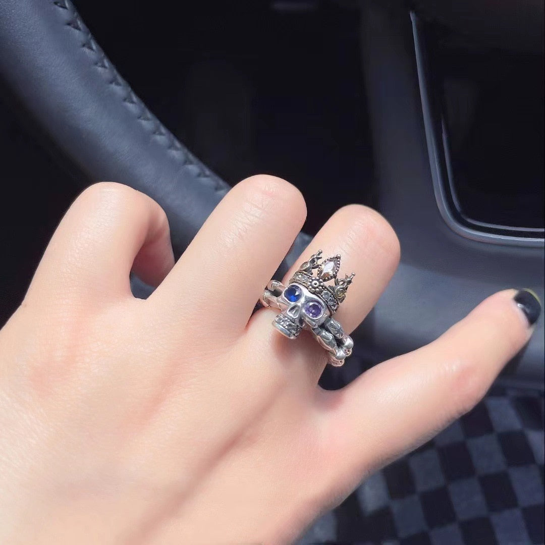 Vintage Gothic Blue Purple Zircon Crown Skull Ring. unique gothic skull ring for women. Badass skull rings. Badass skull jewelry. Badass skull accessories.