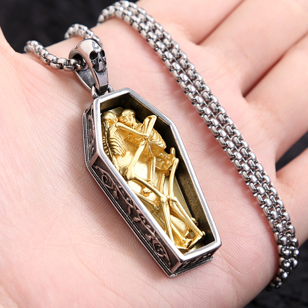 Stainless Steel Vintage Double Skull Coffin Pendant Necklace. Skull Coffin Necklace for women. Skull Coffin Necklace for Men. Badass coffin pendant necklace. Badass skull pendant. Badass skull jewelry. Badass skull accessories.