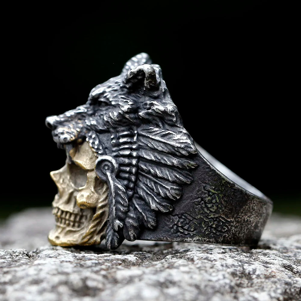 Vintage Stainless Steel Skull and Wolf Head Ring for Men. Badass gifts for badass. Badass birthday gifts. Badass Christmas gifts for badasses. Badass biker skull ring. Badass Biker skull jewelry. Badass skull jewelry. Badass skull accessories. Valentine gifts for him. Anniversary gift for him. Anniversary gift for my badass husband. Badass Birthday gift for my badass boyfriend. Badass Birthday gift for my badass husband.