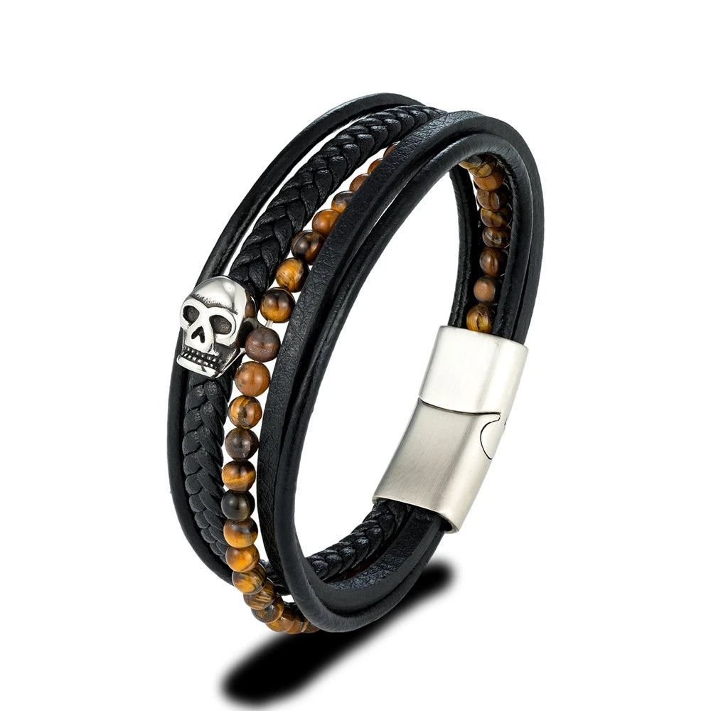 Retro Punk Lava Beaded Skull Leather Bracelet for Men. Badass birthday gifts. Badass Christmas gifts for badasses. Badass skull accessories. Valentine gifts for him and her. Anniversary gift for him and her. Anniversary gift for my badass husband and wife. Badass Birthday gift for my badass boyfriend and girlfriend. Badass Birthday gift for my badass husband and wife. Coolest gift for dad.