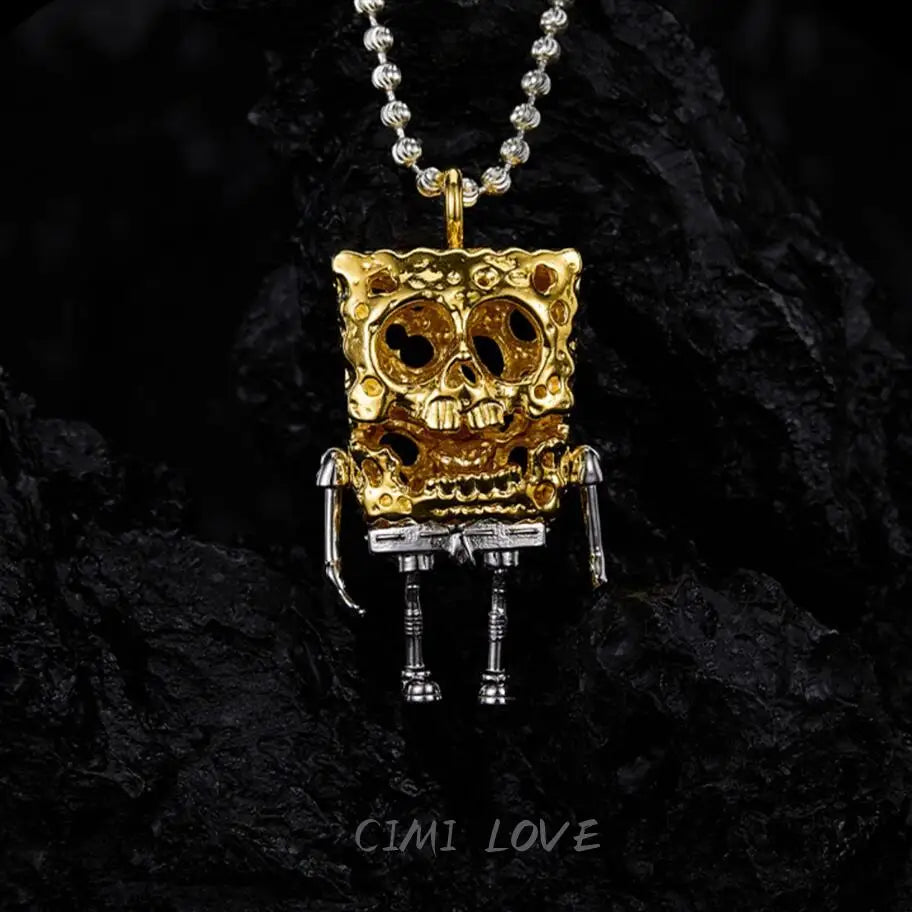 Vintage Gold Skull Pendant Necklace – Unisex Punk Sweater Chain for Couples