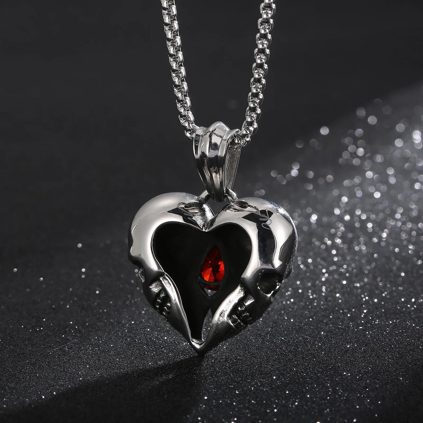 316L Stainless Steel Love Heart Skull Red Gemstone Pendant Necklace. Badass skull pendant for men. Badass gifts for badass. Badass birthday gifts. Badass Christmas gifts for badasses. Badass biker skull pendant necklace. Badass sbiker skull jewelry. Badass skull jewelry. Badass skull accessories.