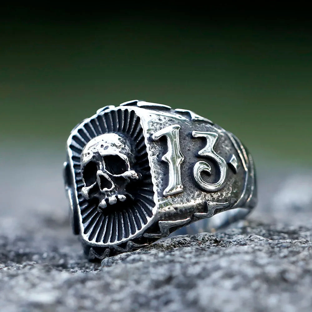 Lucky 13 Calvarium Skull Stainless Steel Men's Ring. Badass gifts for badass. Badass birthday gifts. Badass Christmas gifts for badasses. Badass skull accessories. Valentine gifts for him. Anniversary gift for him. Anniversary gift for my badass husband. Badass Birthday gift for my badass boyfriend. Badass Birthday gift for my badass husband.