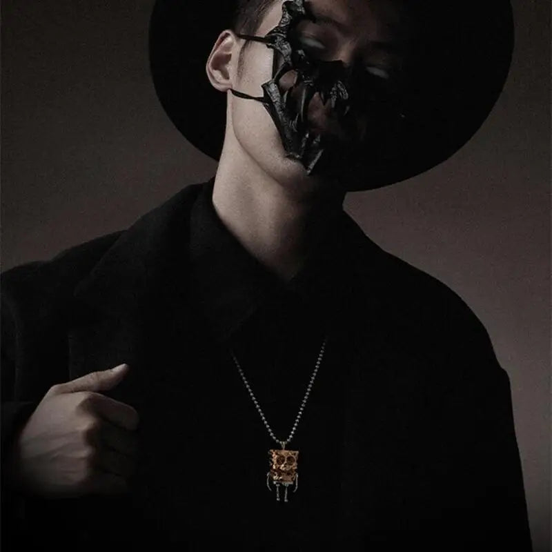 Vintage Gold Skull Pendant Necklace – Unisex Punk Sweater Chain for Couples