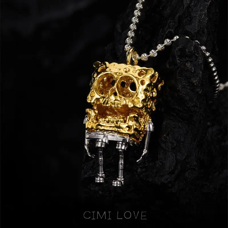 Vintage Gold Skull Pendant Necklace – Unisex Punk Sweater Chain for Couples