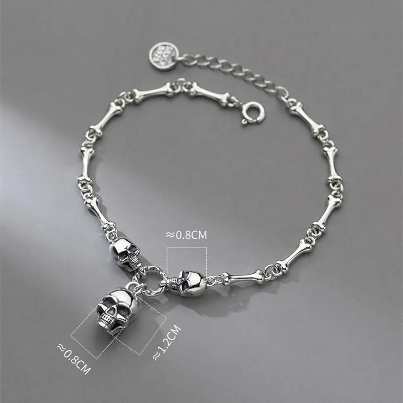 Retro Elegance: 925 Sterling Silver Women's Skull Bone Chain Bracelet