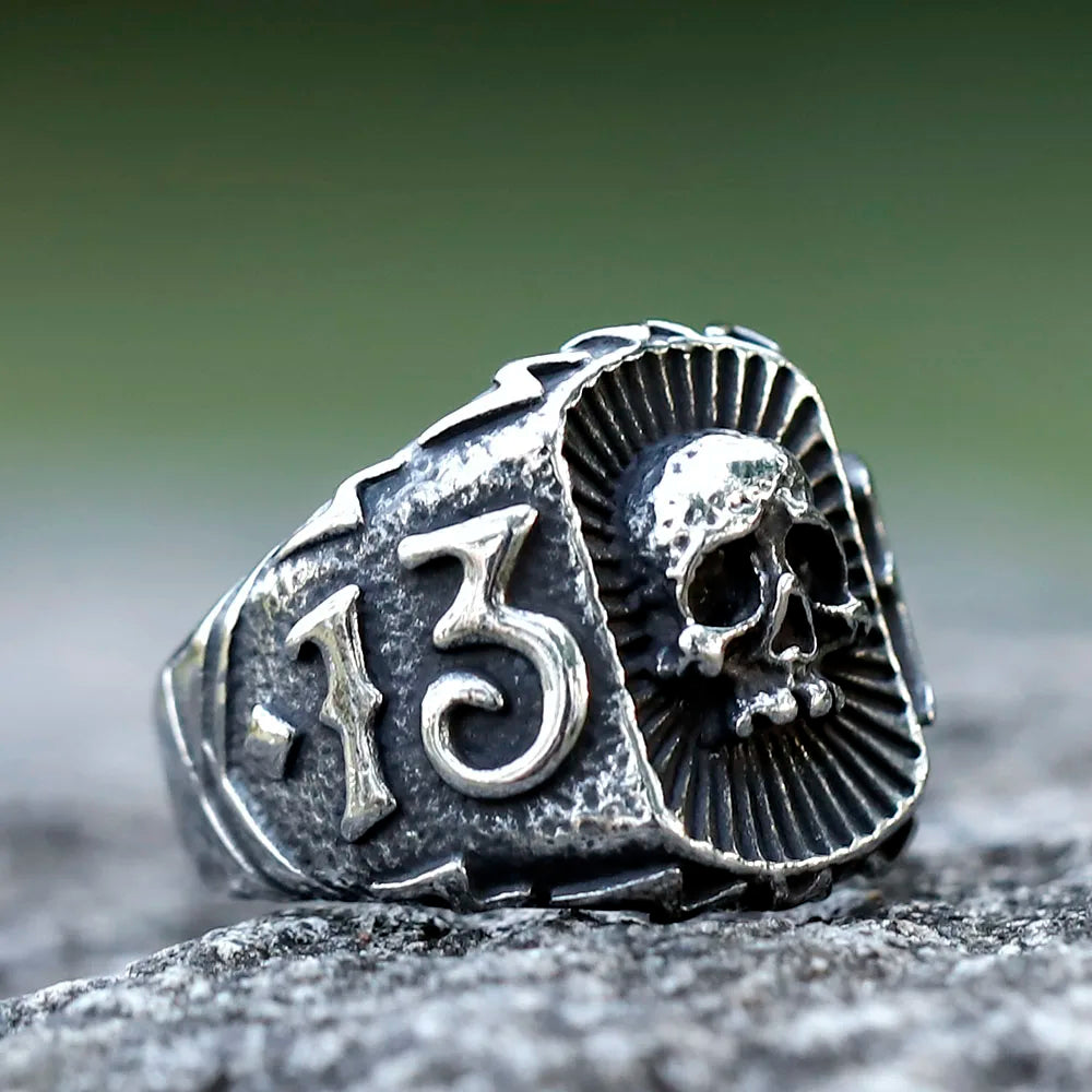 Lucky 13 Calvarium Skull Stainless Steel Men's Ring. Badass gifts for badass. Badass birthday gifts. Badass Christmas gifts for badasses. Badass skull accessories. Valentine gifts for him. Anniversary gift for him. Anniversary gift for my badass husband. Badass Birthday gift for my badass boyfriend. Badass Birthday gift for my badass husband.