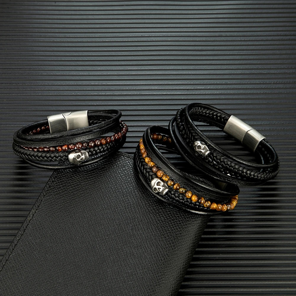 Retro Punk Lava Beaded Skull Leather Bracelet for Men. Badass birthday gifts. Badass Christmas gifts for badasses. Badass skull accessories. Valentine gifts for him and her. Anniversary gift for him and her. Anniversary gift for my badass husband and wife. Badass Birthday gift for my badass boyfriend and girlfriend. Badass Birthday gift for my badass husband and wife. Coolest gift for dad.